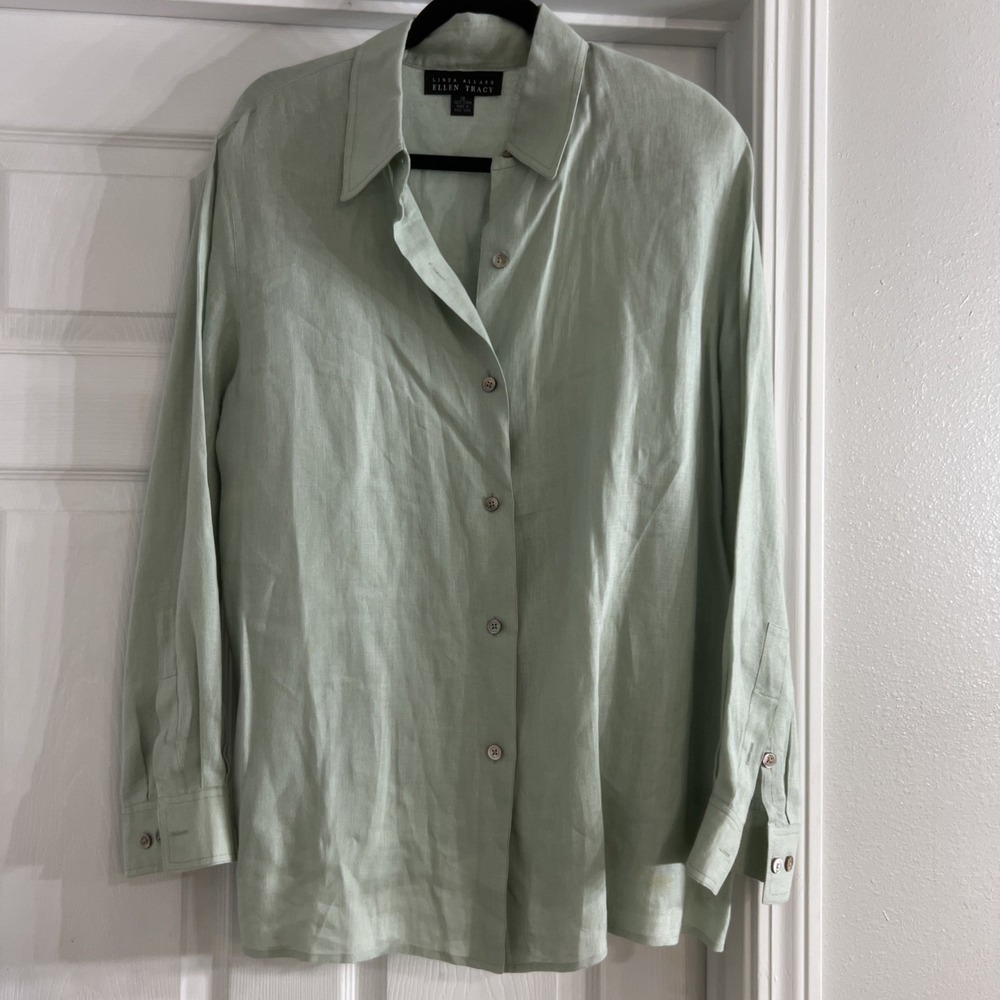 Linda Allard Ellen Tracy Shirt Womens Size 18 Sage 100% Linen Button Down - READ